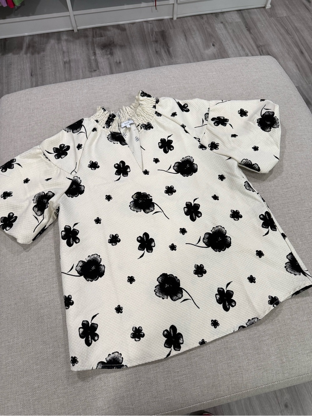 Smocked Neck White Blouse with Black Floral Print